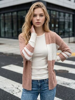 Buckle Daytrip Striped Open Front Cardigan Taupe Boho Sweater S Cozy Everyday